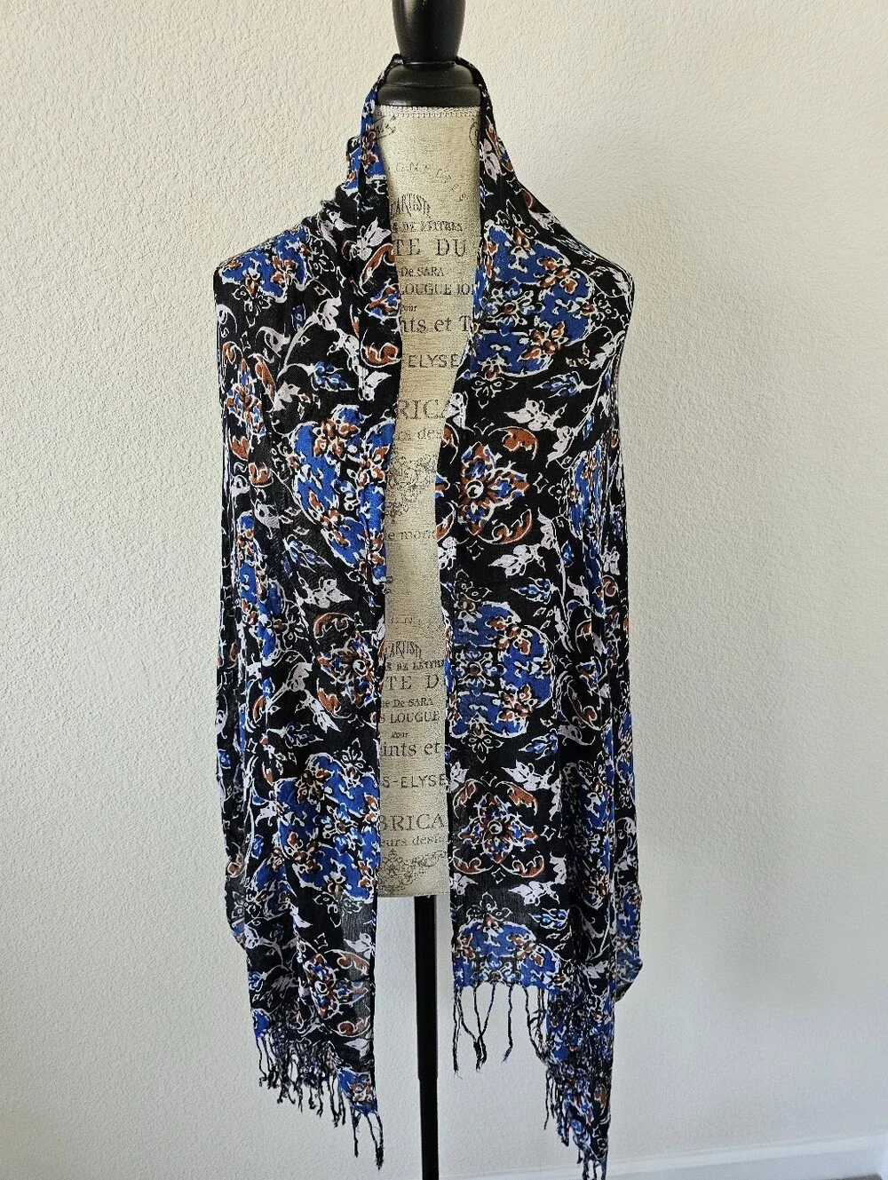 Floral Paisley Scarf Wrap Shawl Black Blue Rust Orange Fringe Sarong 72x26​